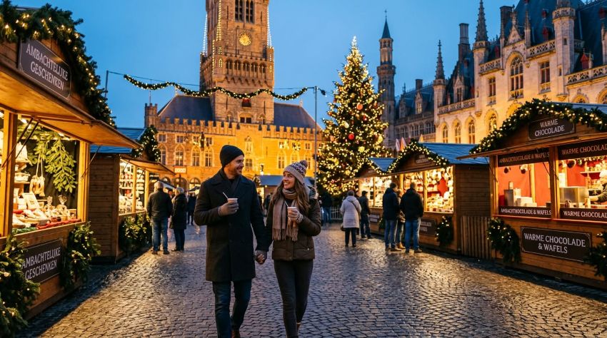 Kerstmarkt in België met sfeervol verlichte kraampjes en kerstlichtjes